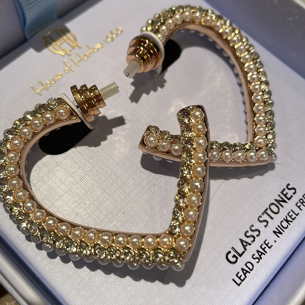 House Of Harlow 1960 Pearl & Glass Open Heart Earrings New In Box